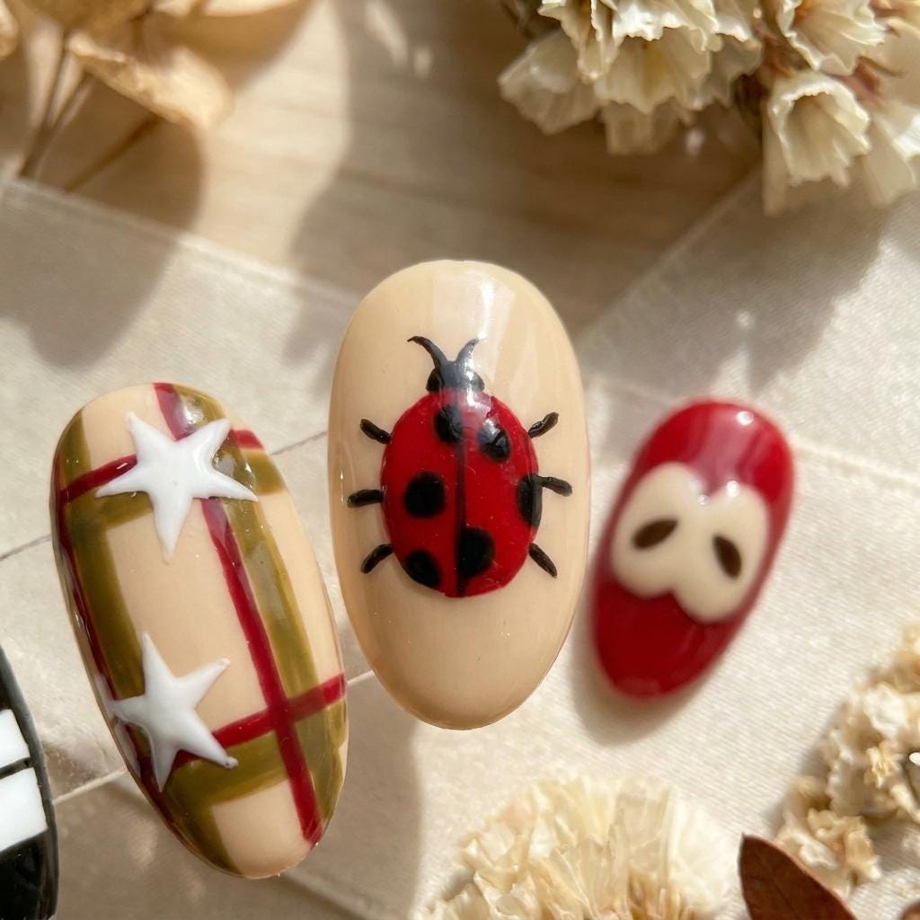 Fall Ladybug, Plaid, Stripe and Polka Dot Nail Set