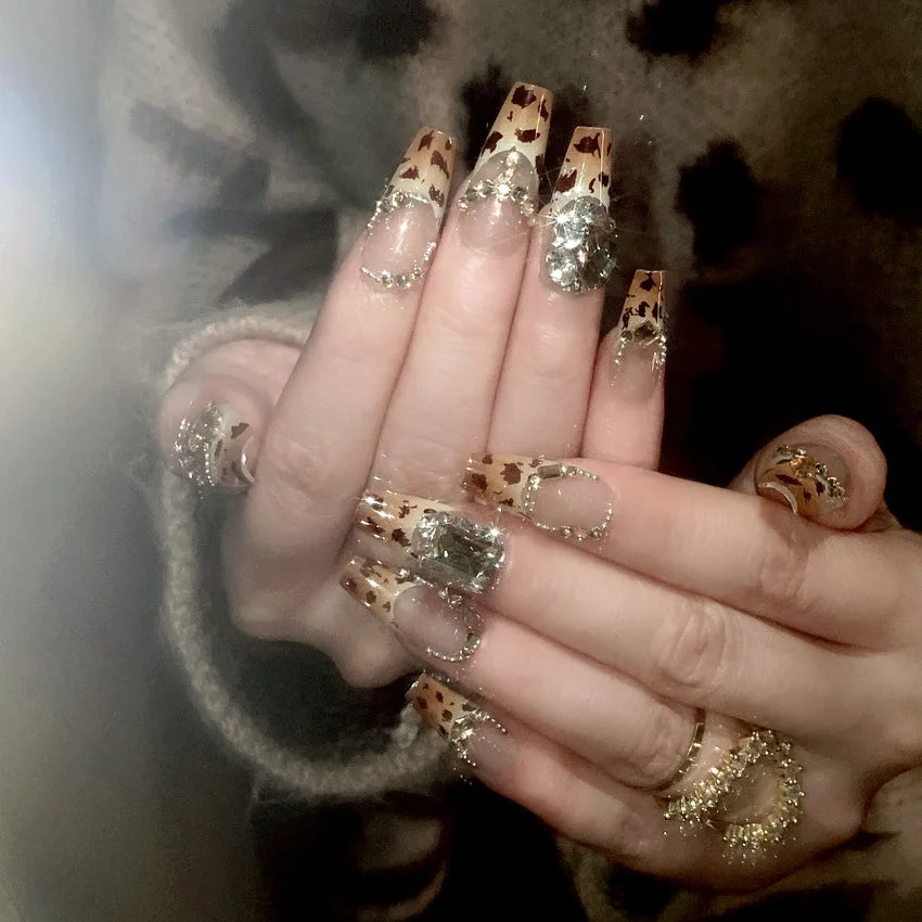 Fall Leopard French Tip Nails With Gold Glitter and Silver Crystal Accents