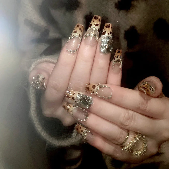 Fall Leopard French Tip Press On Nails With Gold Glitter and Silver Crystal Accents