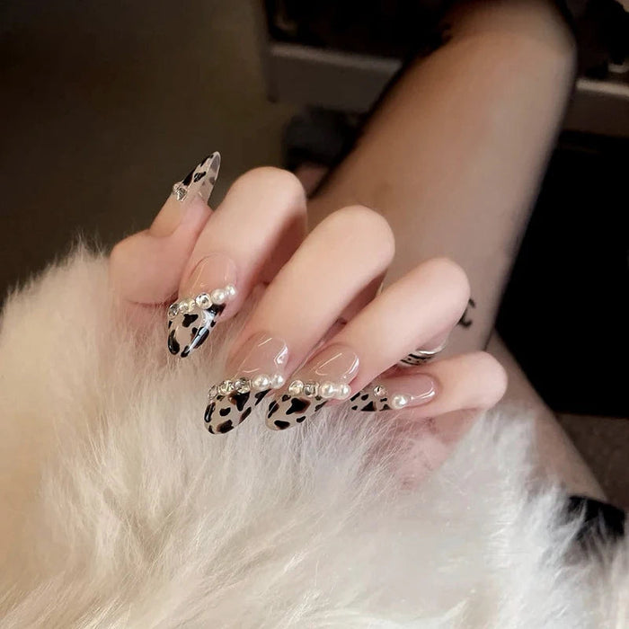 Fall Leopard Print French Tip Press On Nails With Pearl Beads and Clear Stones