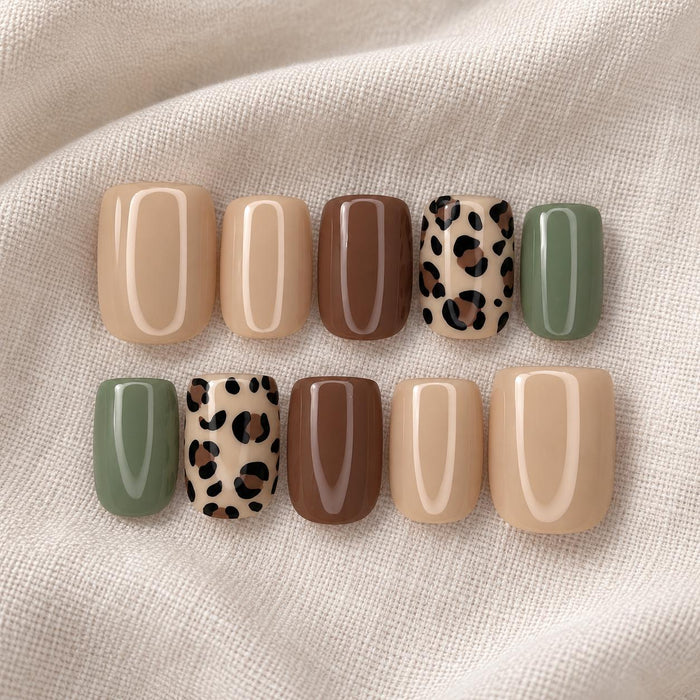 Fall Leopard Print Press-On Nails in Nude, Brown, and Sage Green