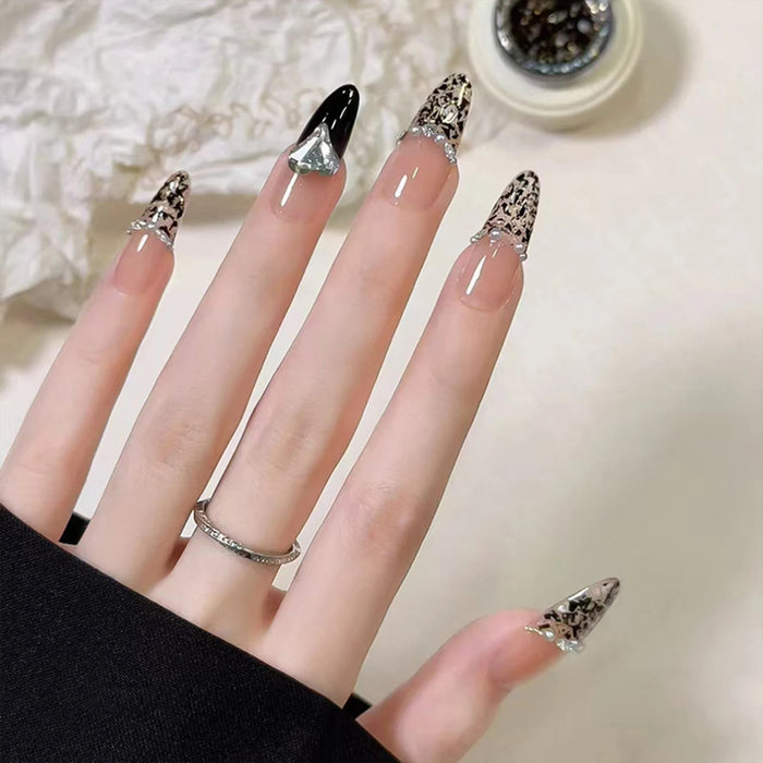 Fall Nude Pink Leopard French Tip Press On Nail Set With Silver Crystal