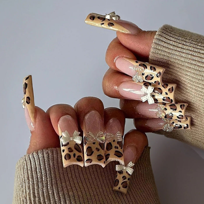 Fall Nude Pink Leopard French Tip Press-On Nails With White Bows