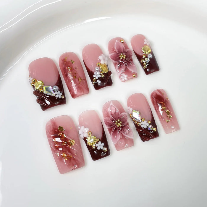 Fall Pink and Burgundy 3D Flower Press On Nails with Rhinestones and Gold Accents