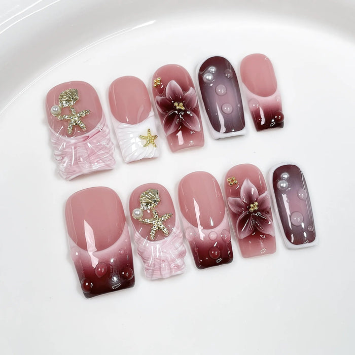 Fall Pink Floral Press-On Nails With Burgundy Tips, 3D Flowers, Bows and Gold Details