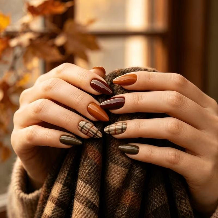 Fall Plaid Press-On Nail Set in Burgundy, Caramel & Olive