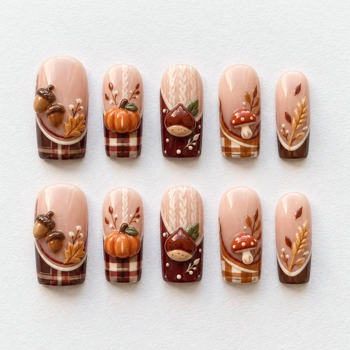 Fall Plaid Press On Nails With 3D Pumpkins, Acorns, Mushrooms, and Leaves