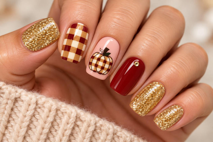 Fall Pumpkin Plaid Press On Nails with Burgundy, Blush, Gold Glitter and Thanksgiving Details