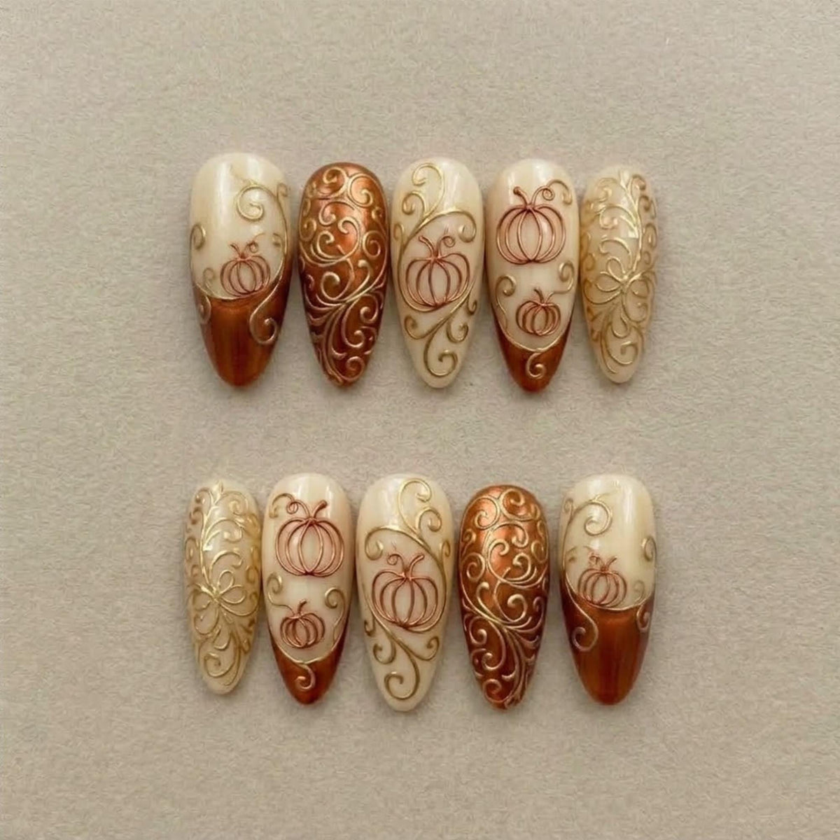 Fall Pumpkin Press On Nails With Ivory, Rust Orange, and Gold Filigree
