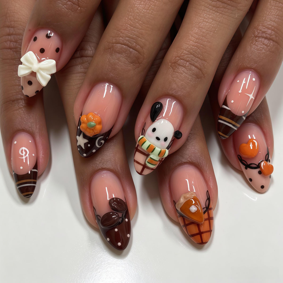 Fall Puppy Press On Nails With Pumpkins, Bow, and Plaid French Tips