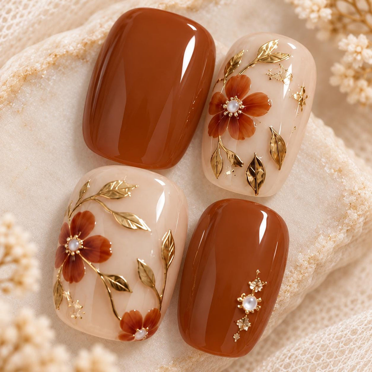 Fall Rust Brown Floral Press-On Nails with Gold Botanical Details