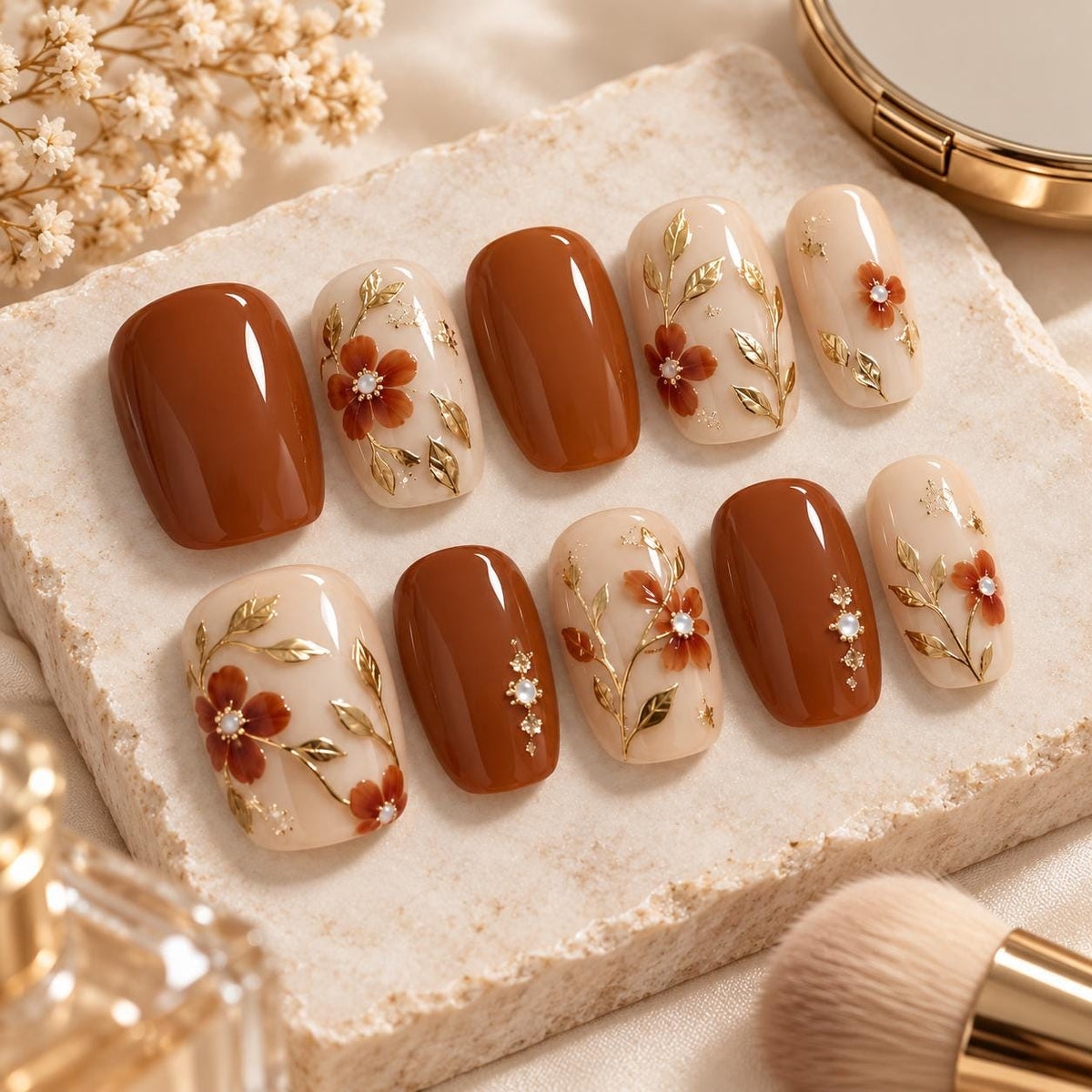 Fall Rust Brown Floral Press-On Nails with Gold Botanical Details