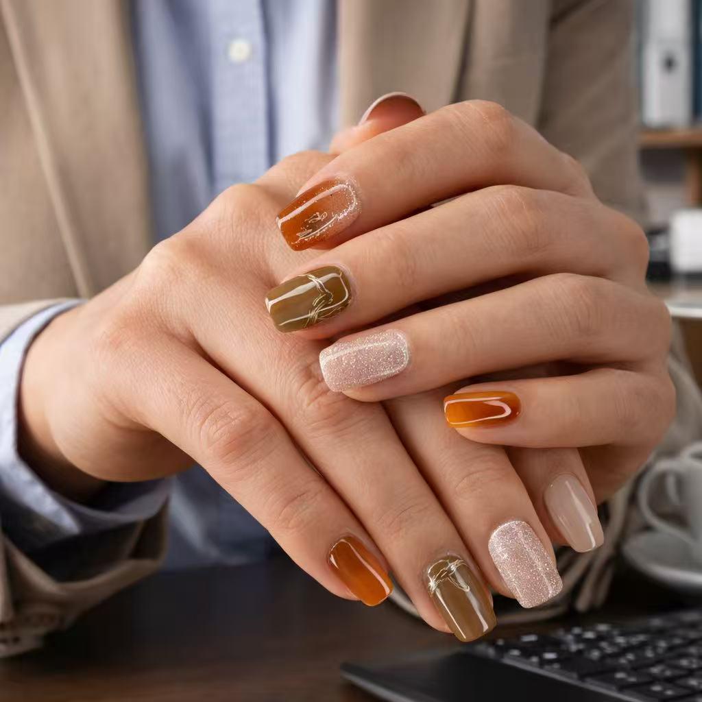 Fall Rust, Olive and Taupe Marble Glitter Press On Nails