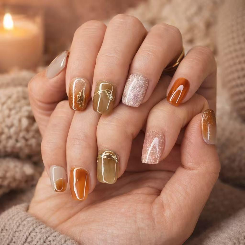 Fall Rust, Olive and Taupe Marble Glitter Press On Nails