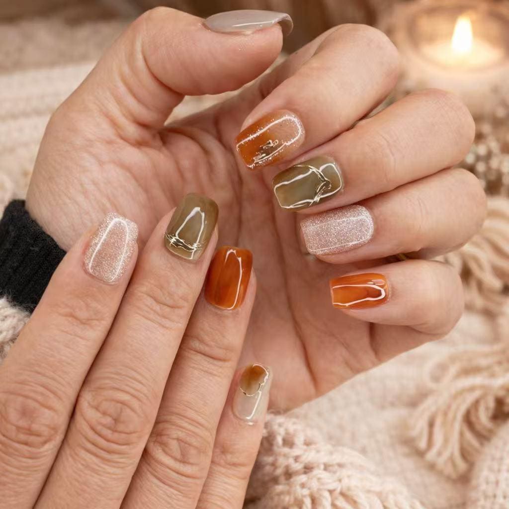 Fall Rust, Olive and Taupe Marble Glitter Press On Nails