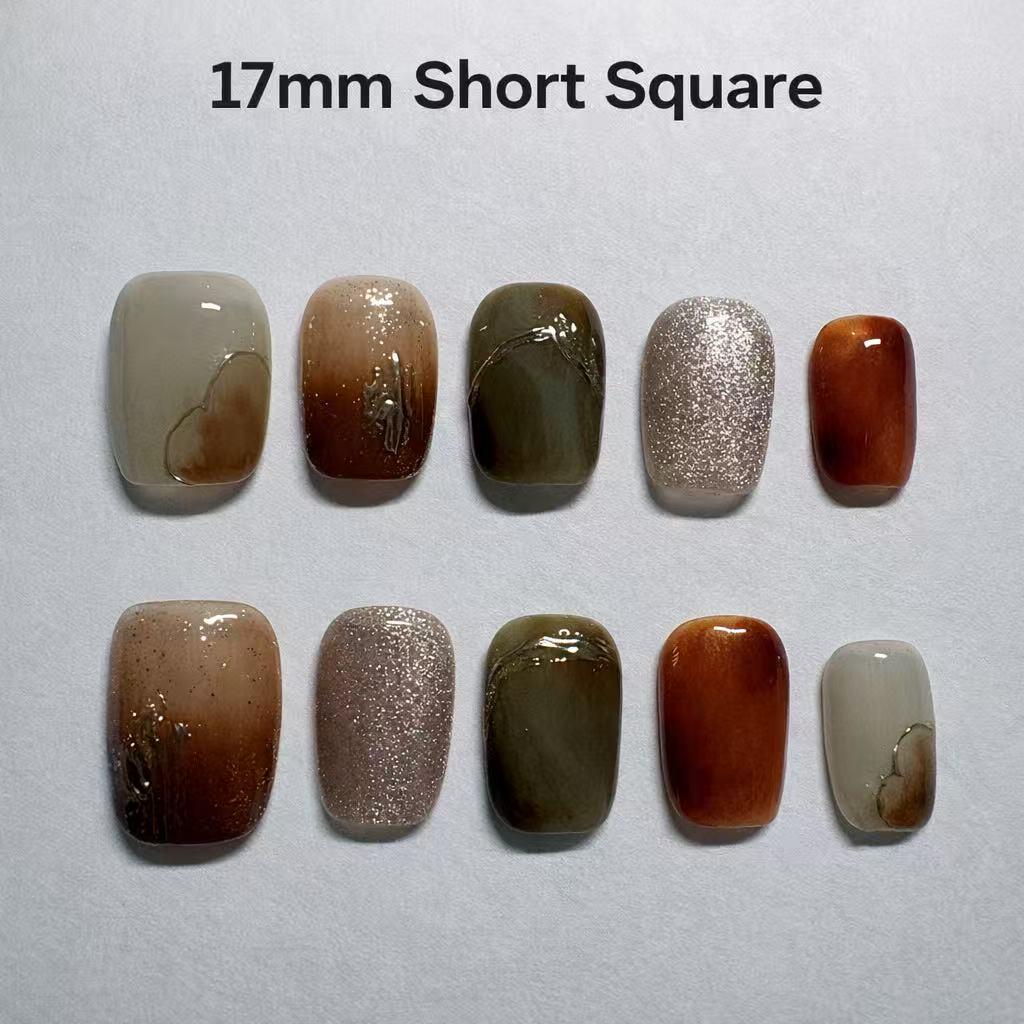 Fall Rust, Olive and Taupe Marble Glitter Press On Nails