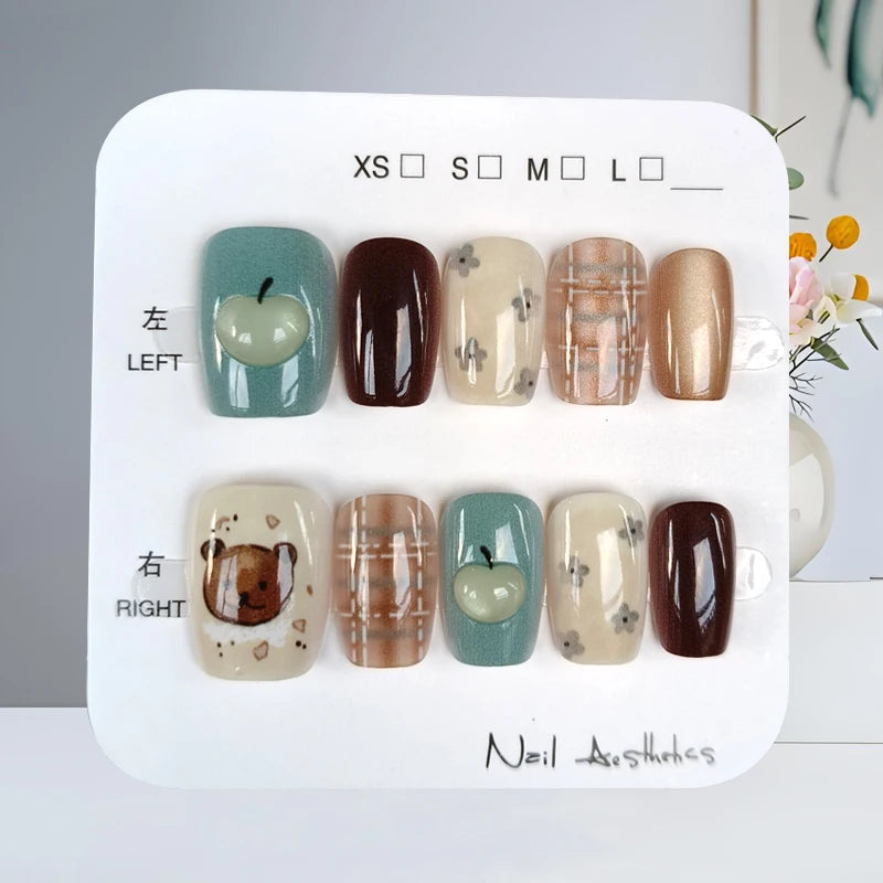 Fall Sage Apple and Bear Nails With Brown Plaid and Cat Eye Shimmer
