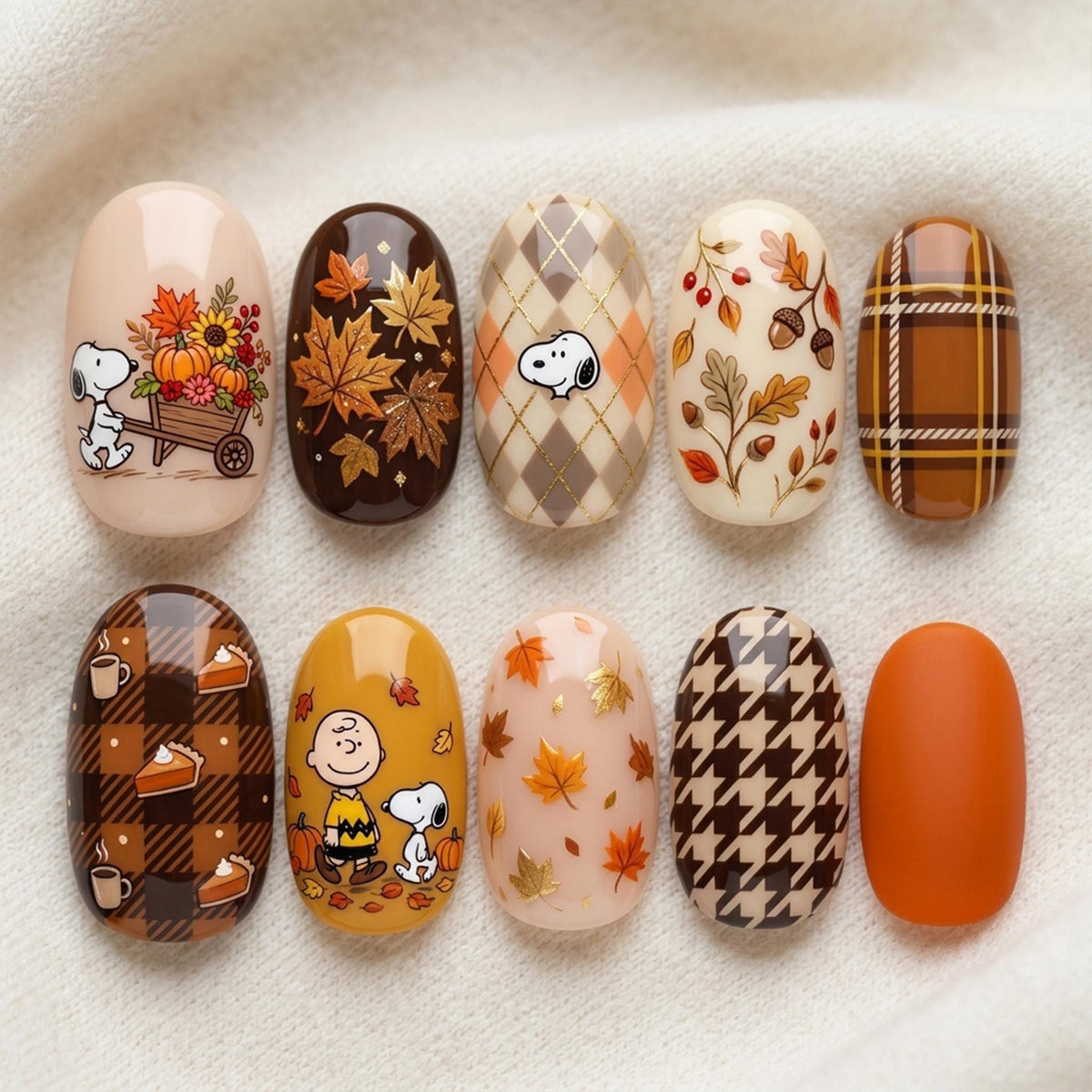 Fall Snoopy and Charlie Brown Nails with Plaid, Acorns and Autumn Leaves