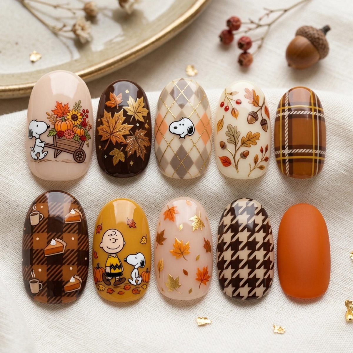 Fall Snoopy and Charlie Brown Nails with Plaid, Acorns and Autumn Leaves