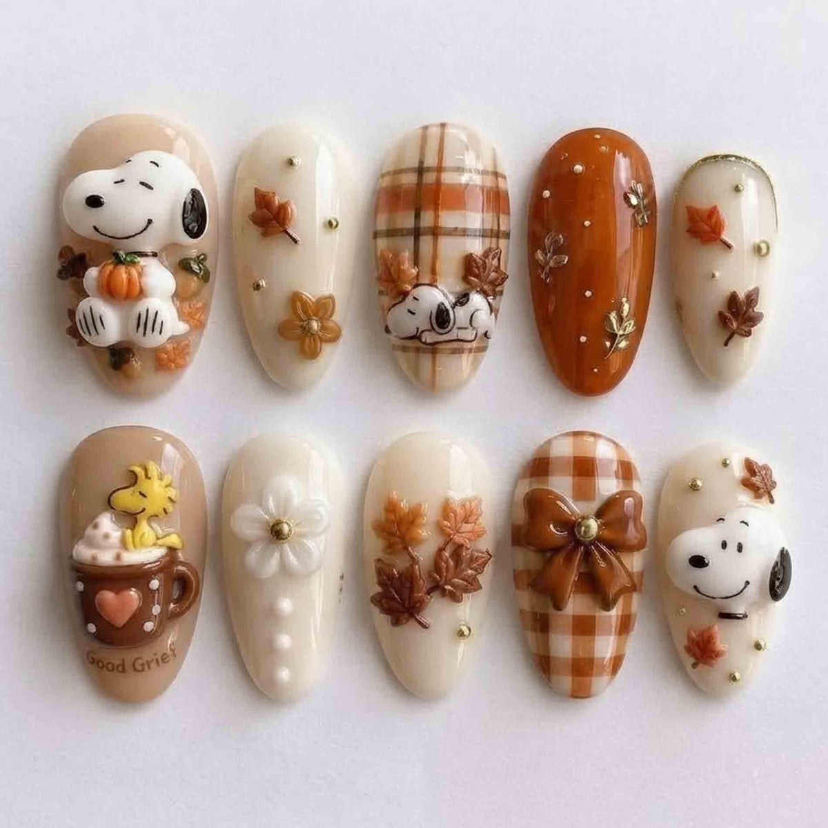 Fall Snoopy and Woodstock Nail Set With Plaid, Leaves, Bows & Pumpkins