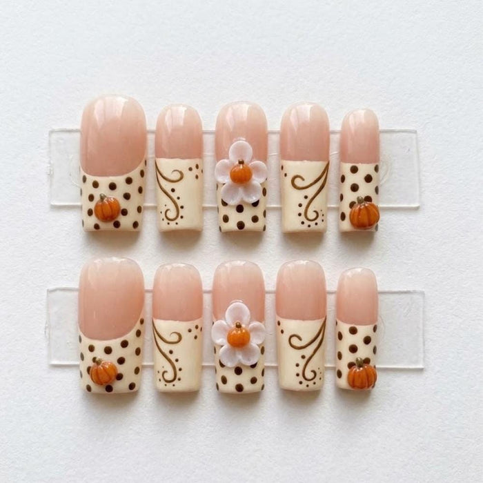 Fall Thanksgiving Pumpkin and Flower French Tip Press On Nails With Brown Polka Dots