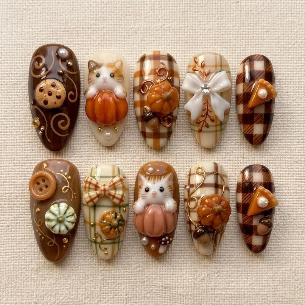 Fall Thanksgiving Pumpkin Cat, Plaid Bow and Cookie Press-On Nail Set