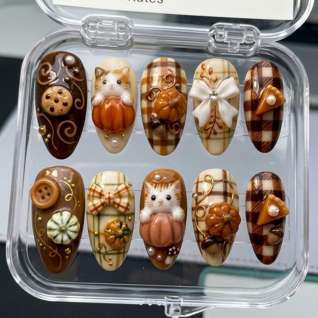 Fall Thanksgiving Pumpkin Cat, Plaid Bow and Cookie Press-On Nail Set