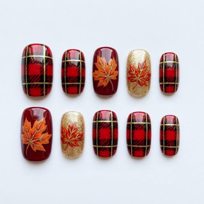 Fall Thanksgiving Red Plaid and Burgundy Maple Leaf Press-On Nails With Gold Glitter