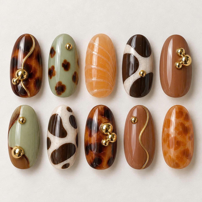 Fall Tortoiseshell and Cow Print Press On Nails in Brown, Sage, Caramel, and Gold