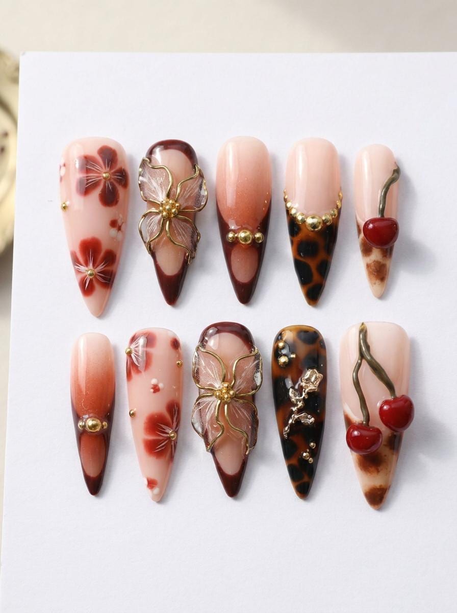 Fall Tortoiseshell Cherry and 3D Floral Press On Nails