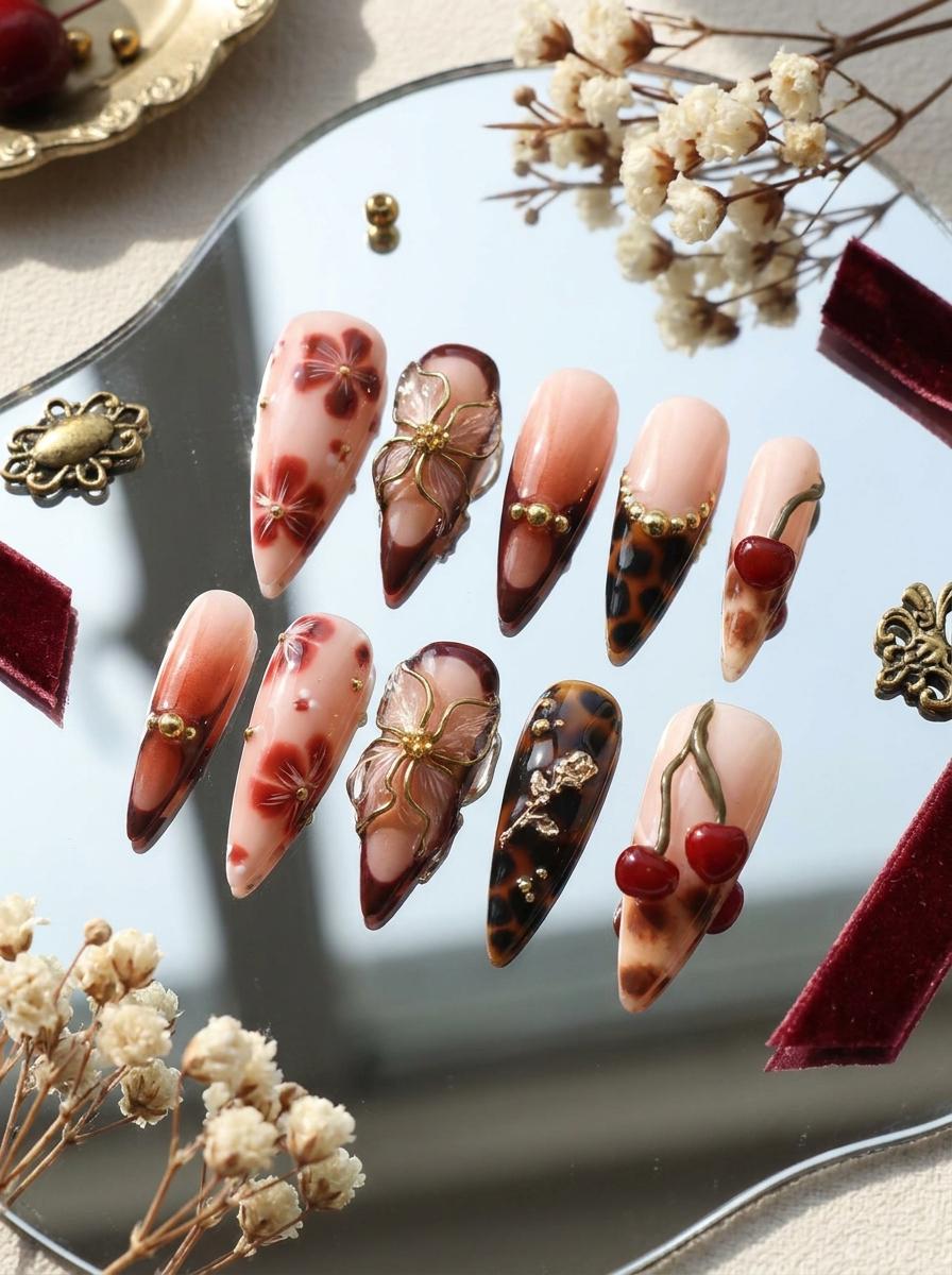 Fall Tortoiseshell Cherry and 3D Floral Press On Nails