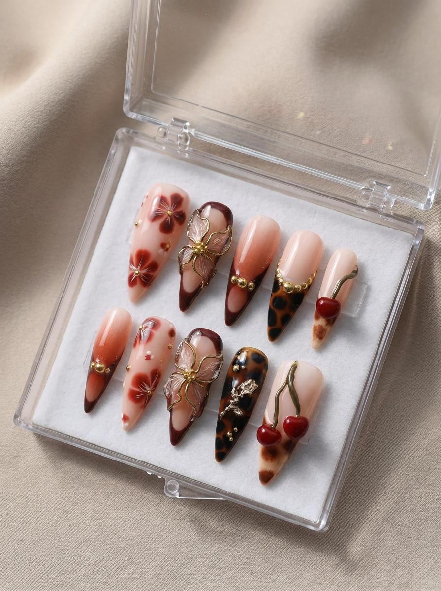 Fall Tortoiseshell Cherry and 3D Floral Press On Nails