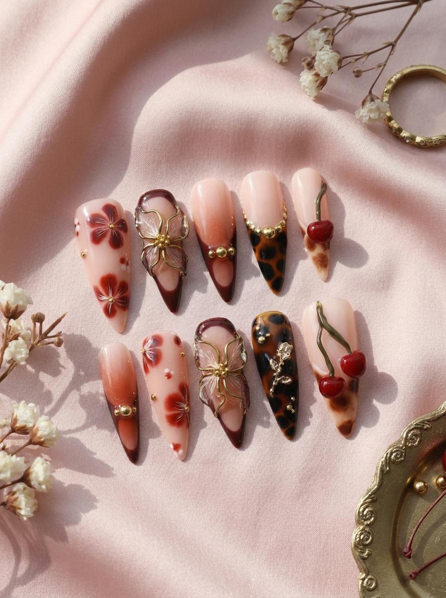Fall Tortoiseshell Cherry and 3D Floral Press On Nails