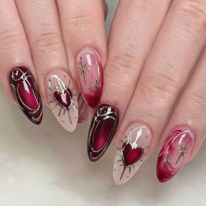 Fall Wine Red and Blush Heart Press-On Nails With Silver Details