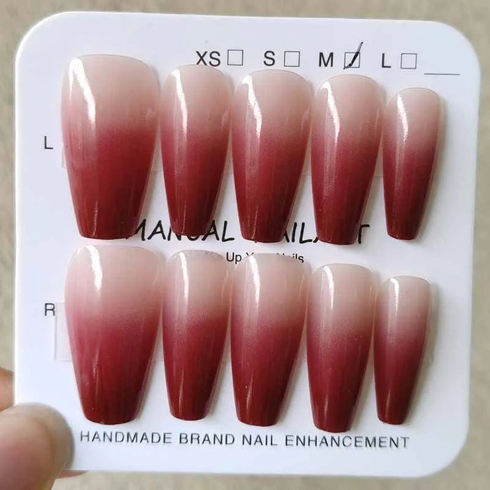 Fall Wine Red Ombre Press On Nails with Sheer Nude Pink Base