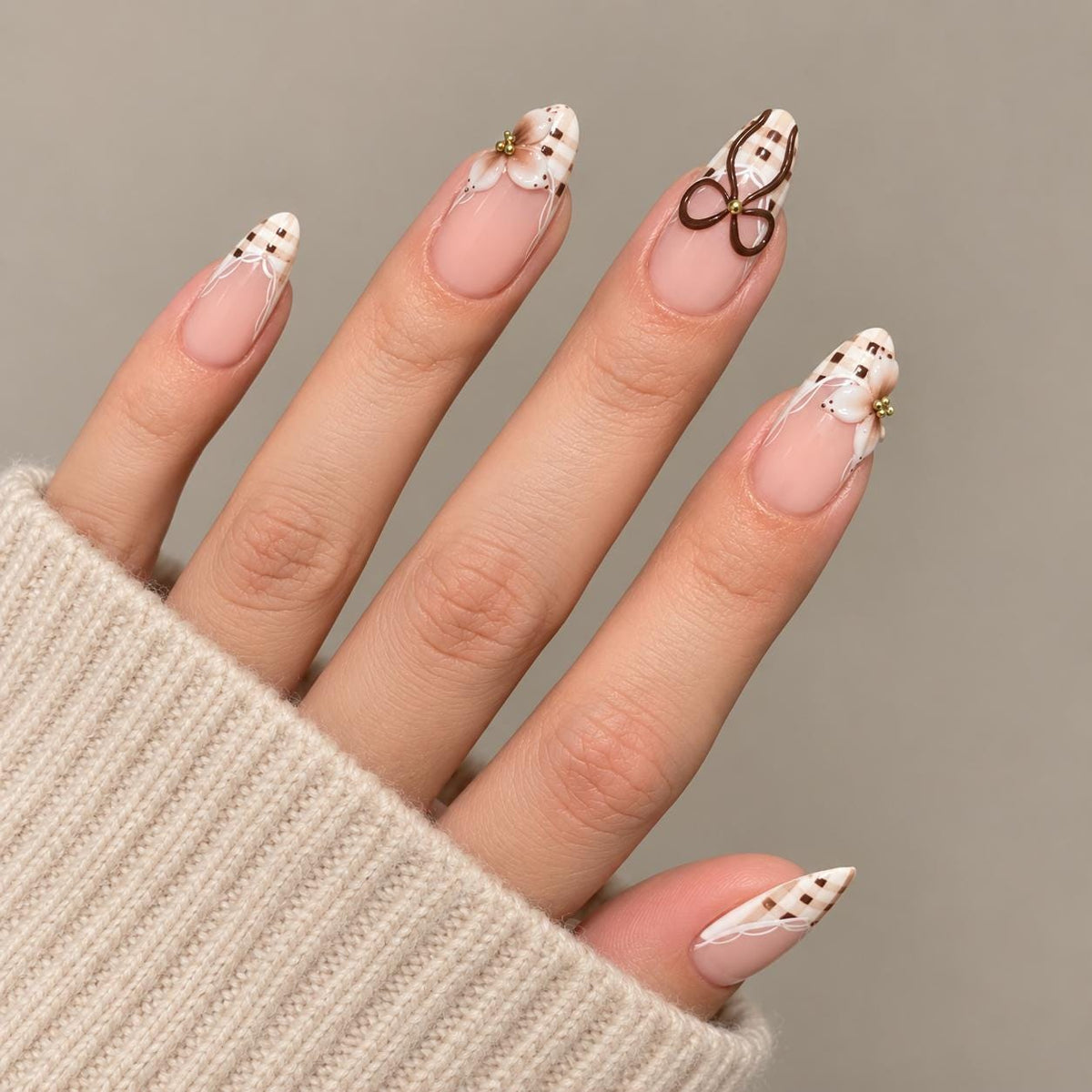Fall Winter Nude Plaid French Tip Nails With 3D Flowers and Brown Bow