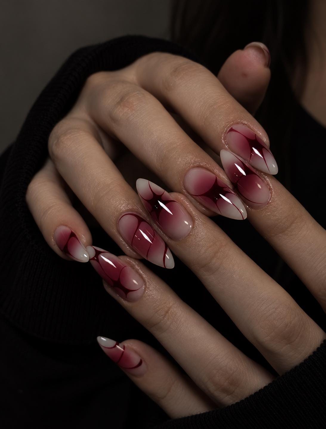 Fall Winter Sheer Pink Burgundy Abstract Nails With White Tips