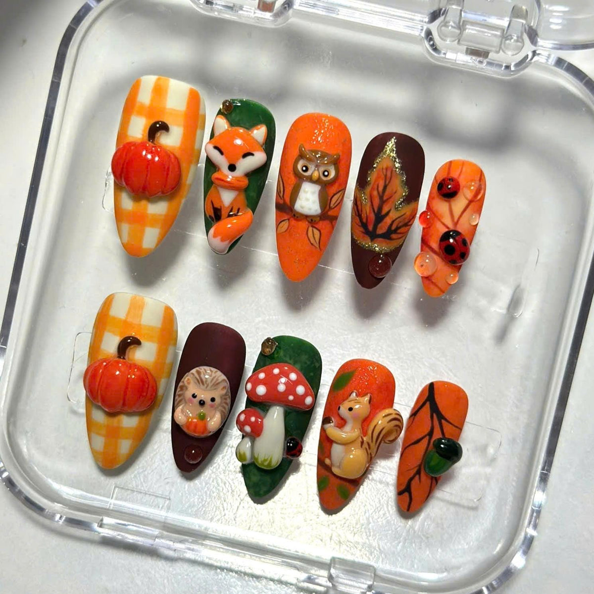 Fall Woodland Animal Press On Nails With Pumpkins, Plaid, Leaves, and 3D Details