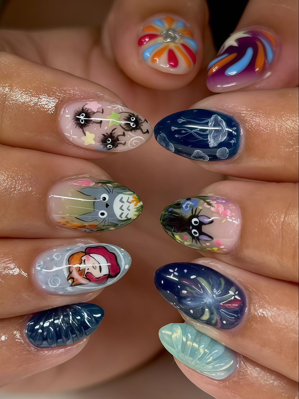 Fantasy Anime Character Press On Nail Set With Jellyfish and Raised Flower Charm
