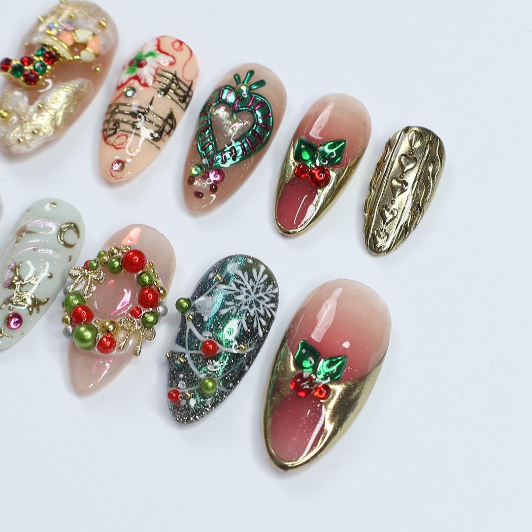 Festive Christmas Press-On Nails with Holly, Beaded Wreath, Music Notes and Gold Details