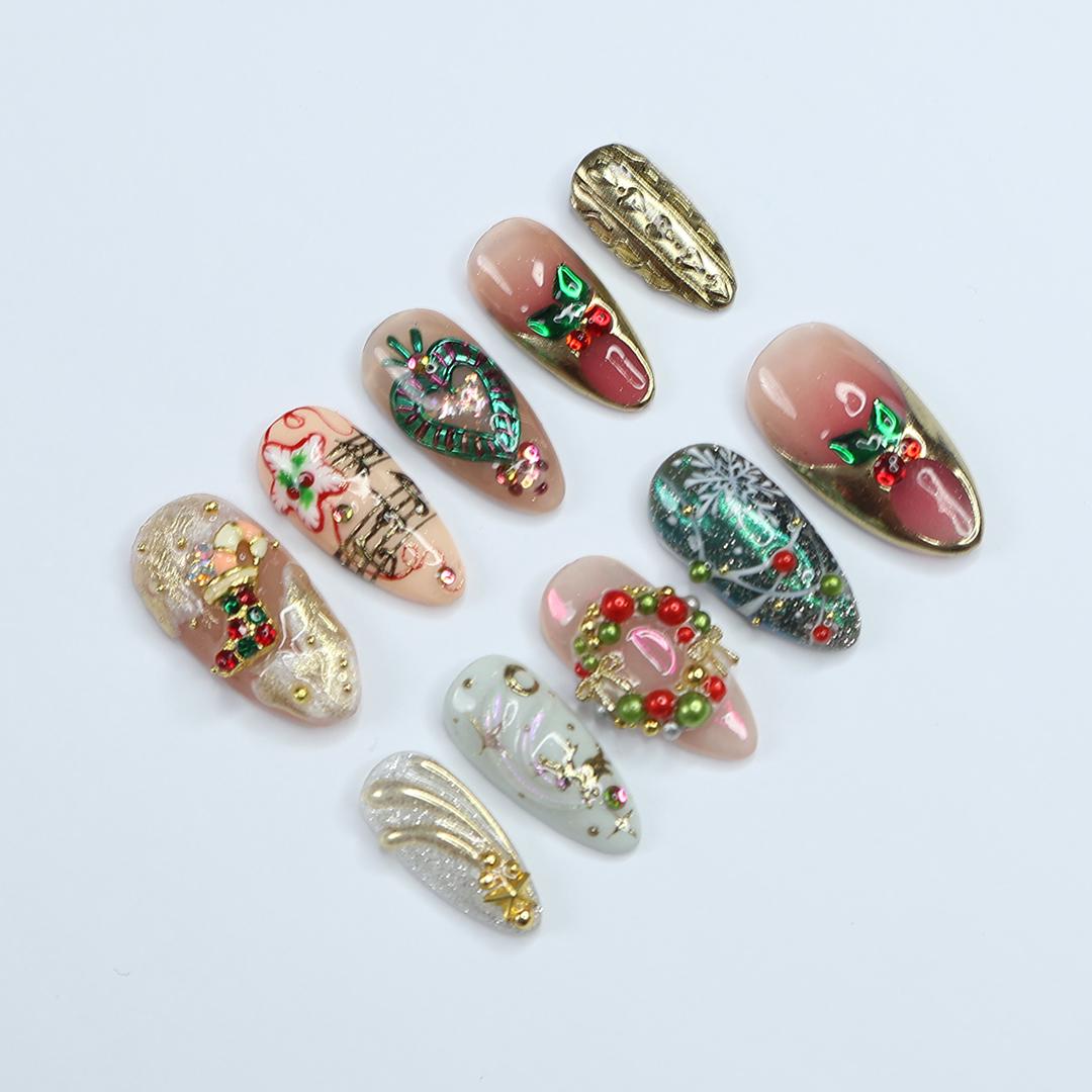 Festive Christmas Press-On Nails with Holly, Beaded Wreath, Music Notes and Gold Details