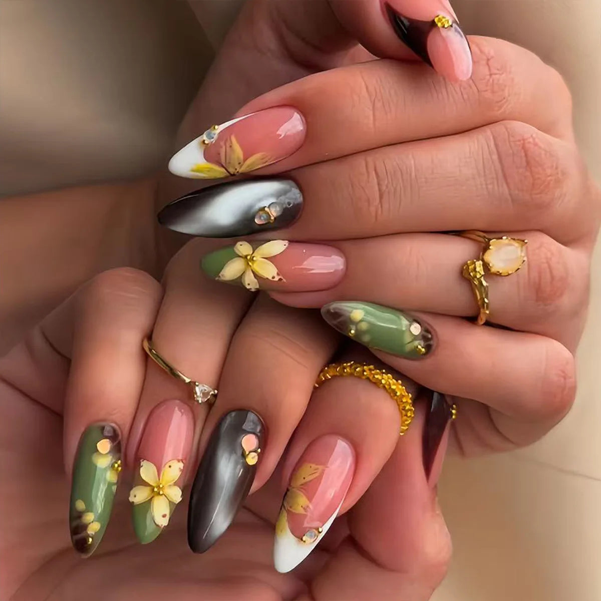 Floral French Tip Nails with Yellow Flowers and Gold-Tone Details
