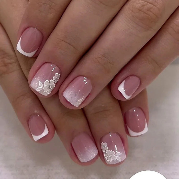 Floral French Tip Press-On Nails in Pink and Nude