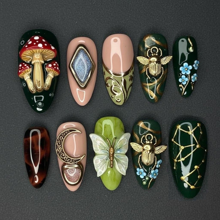 Forest Fairy Press On Nails With Mushrooms, Beetles, Flowers and Butterfly