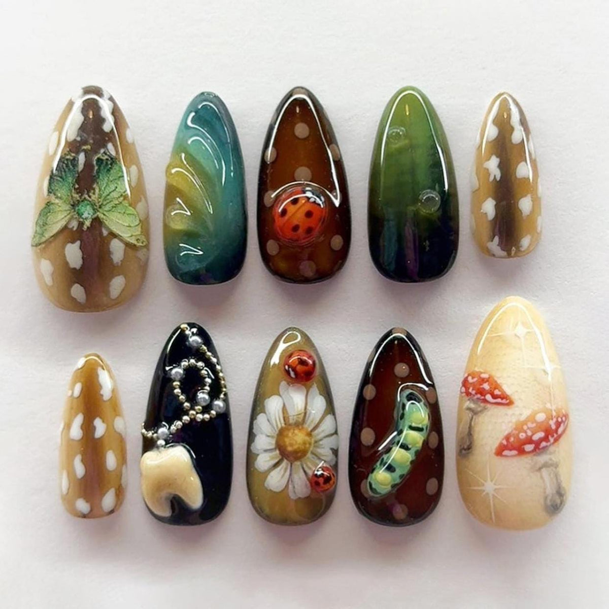 Forest Fairycore Nails With 3D Mushrooms, Insects, Moth and Daisies
