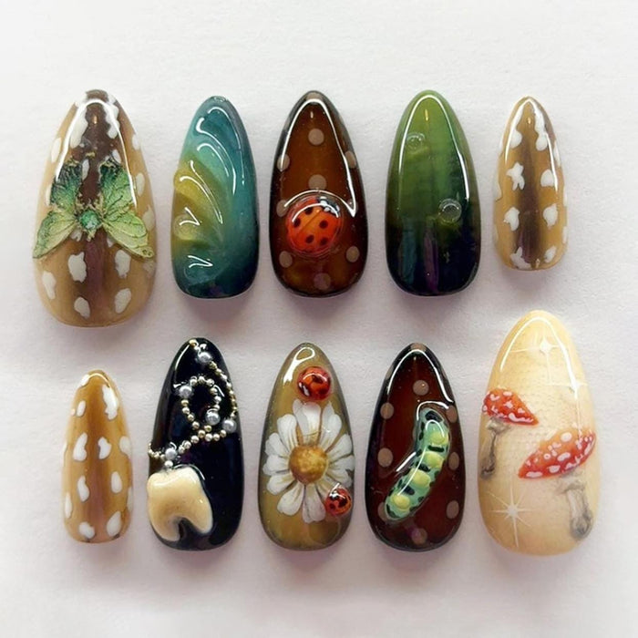 Forest Fairycore Press On Nails With 3D Mushrooms, Insects, Moth and Daisies
