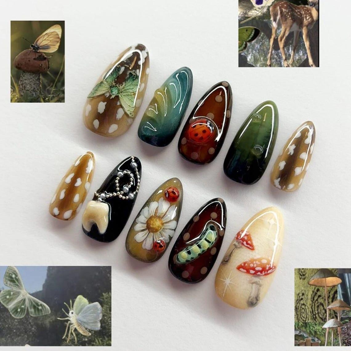 Forest Fairycore Nails With 3D Mushrooms, Insects, Moth and Daisies