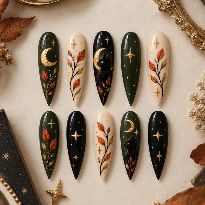 Forest Green and Black Cat Press On Nails with Gold Moons, Stars, and Autumn Leaves