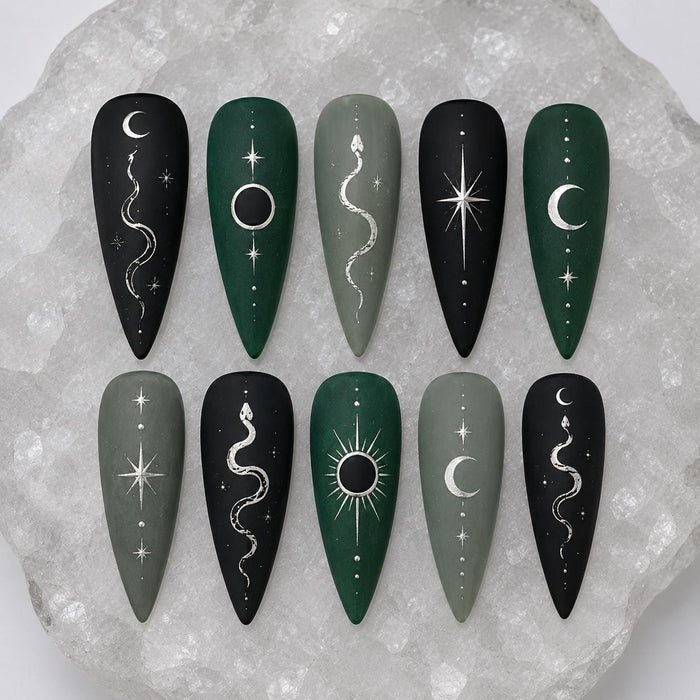 Forest Green and Black Celestial Snake Press-On Nail Set