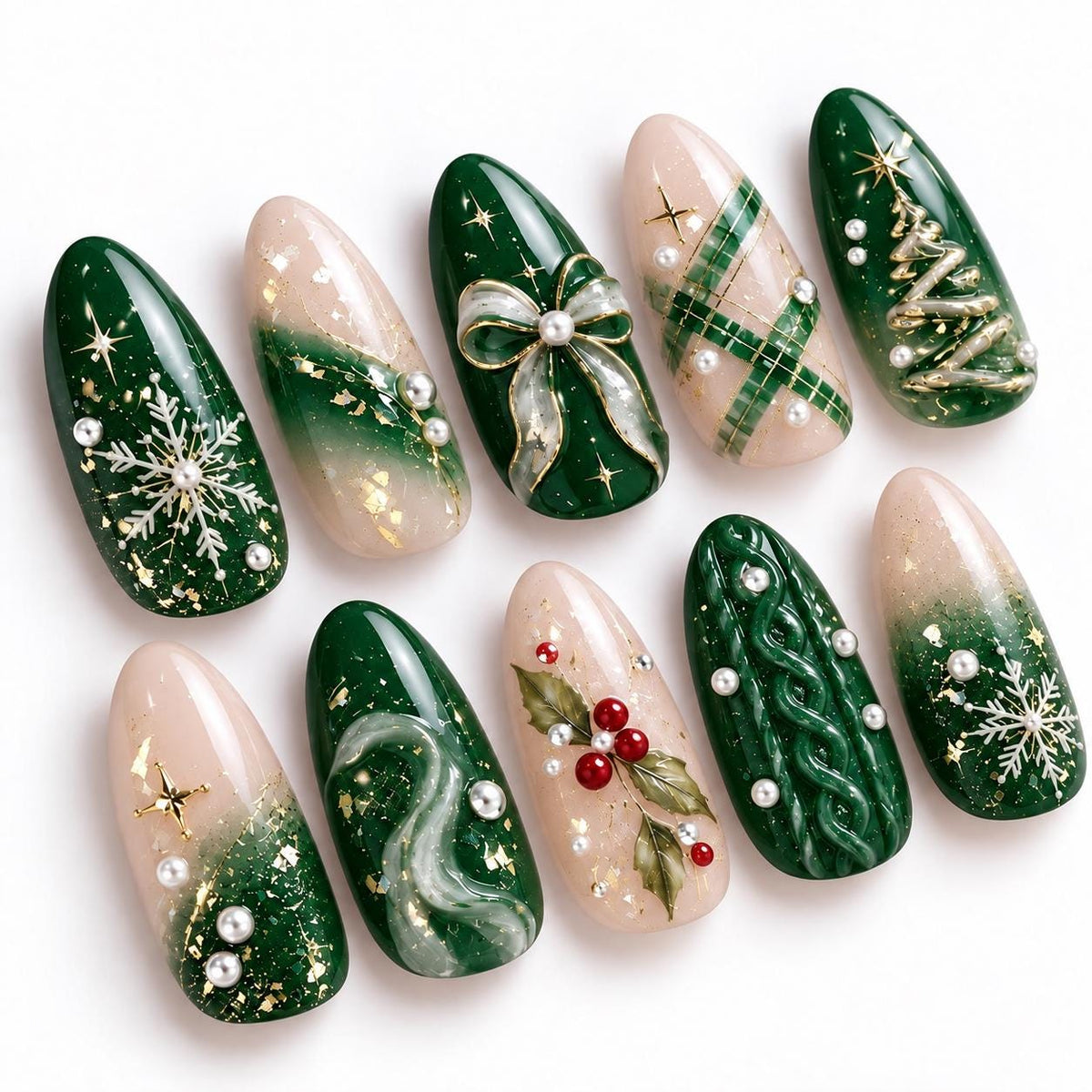Forest Green and Blush Christmas Nails with Gold Stars, Plaid, and 3D Details
